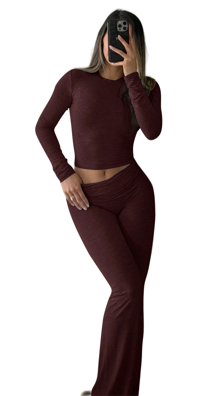 Casual Workout Two Piece Outfits Long Sleeve High Waist Fold-Over Flare Flared Leggings Pants Tracksuit Sets Streetwear