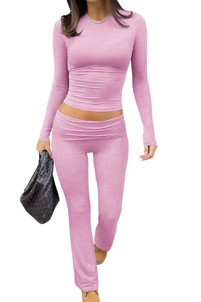 Casual Workout Two Piece Outfits Long Sleeve High Waist Fold-Over Flare Flared Leggings Pants Tracksuit Sets Streetwear